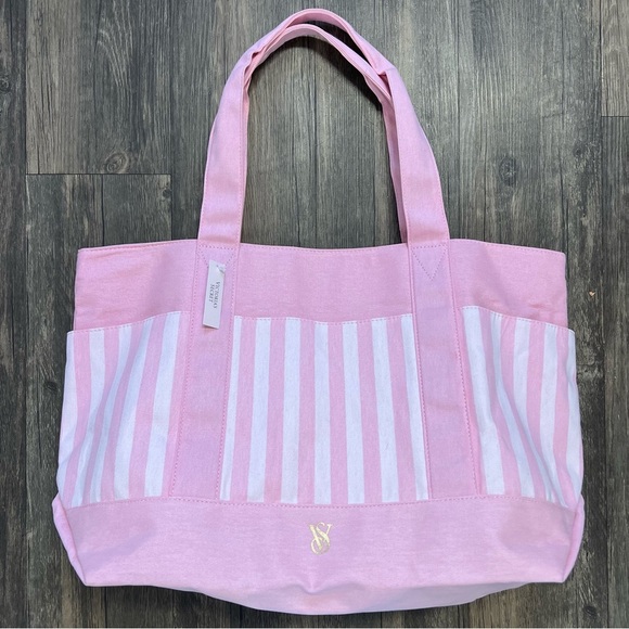 NWT Victoria’s Secret Iconic Pink Canvas Cotton Striped Tote ShoulderTravel Bag - Picture 4 of 10